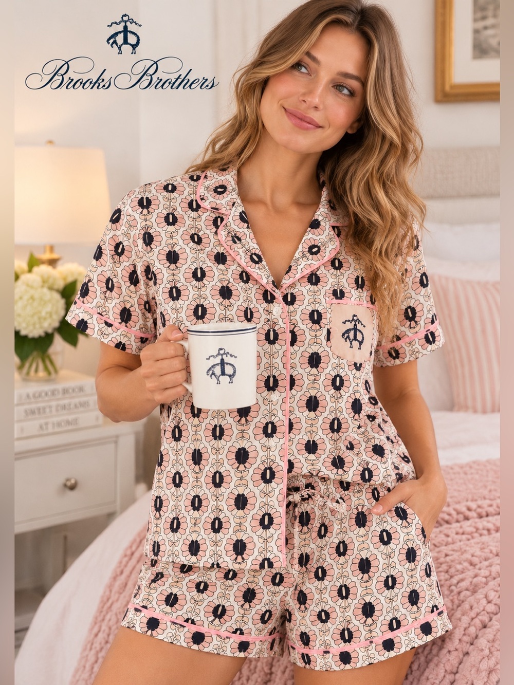Brooks Brothers Floral Cotton Pajama Short Set Pink Navy M